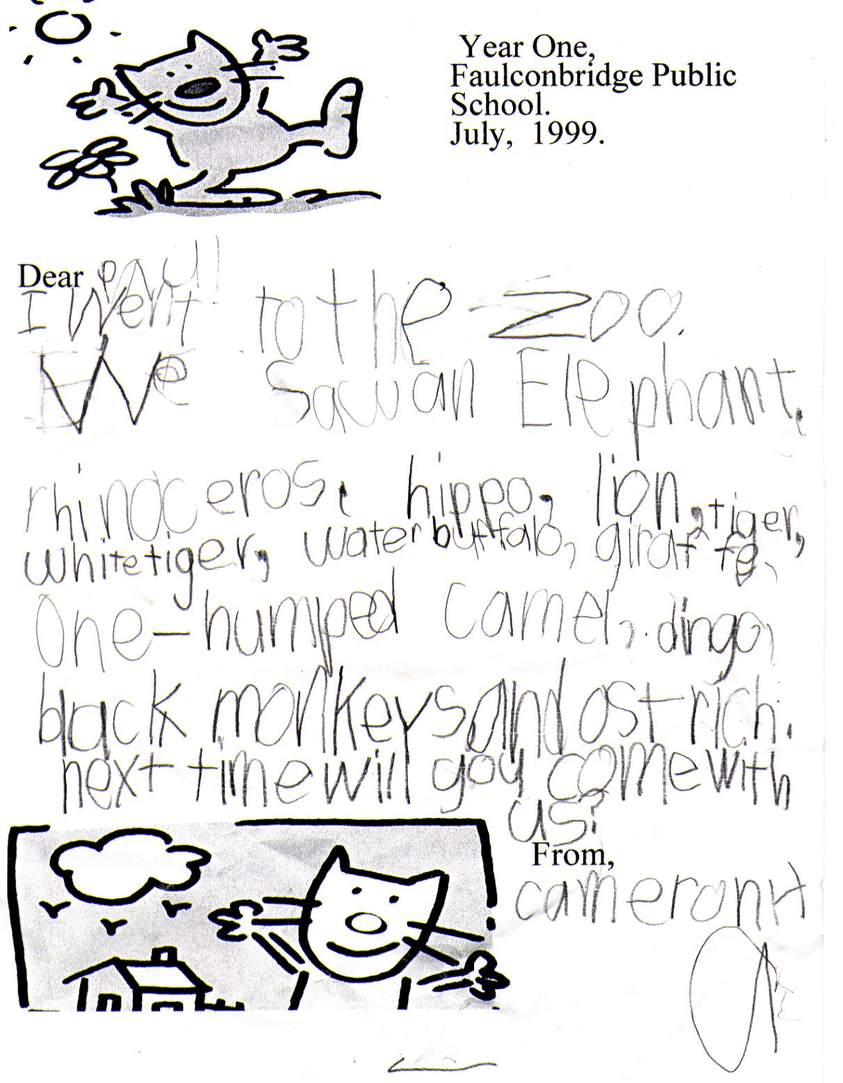 Cameron's letter about Dubbo Zoo